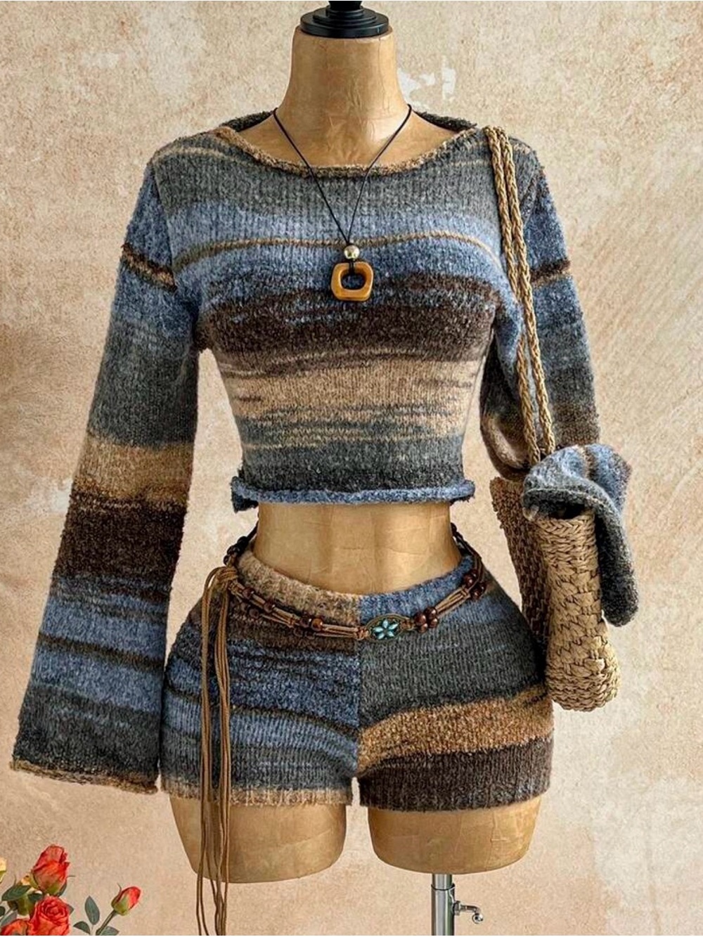 Striped Knit Two-Piece Set in Blue, Brown & Cream
